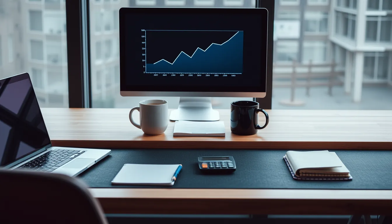 Desk with laptop, notebook, calculator, mug, and screen showing a line graph of revenue growth.